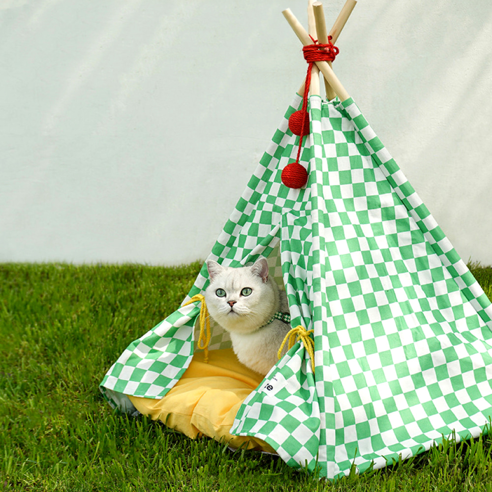 [소소이지] 그린 체크무늬 캣 텐트